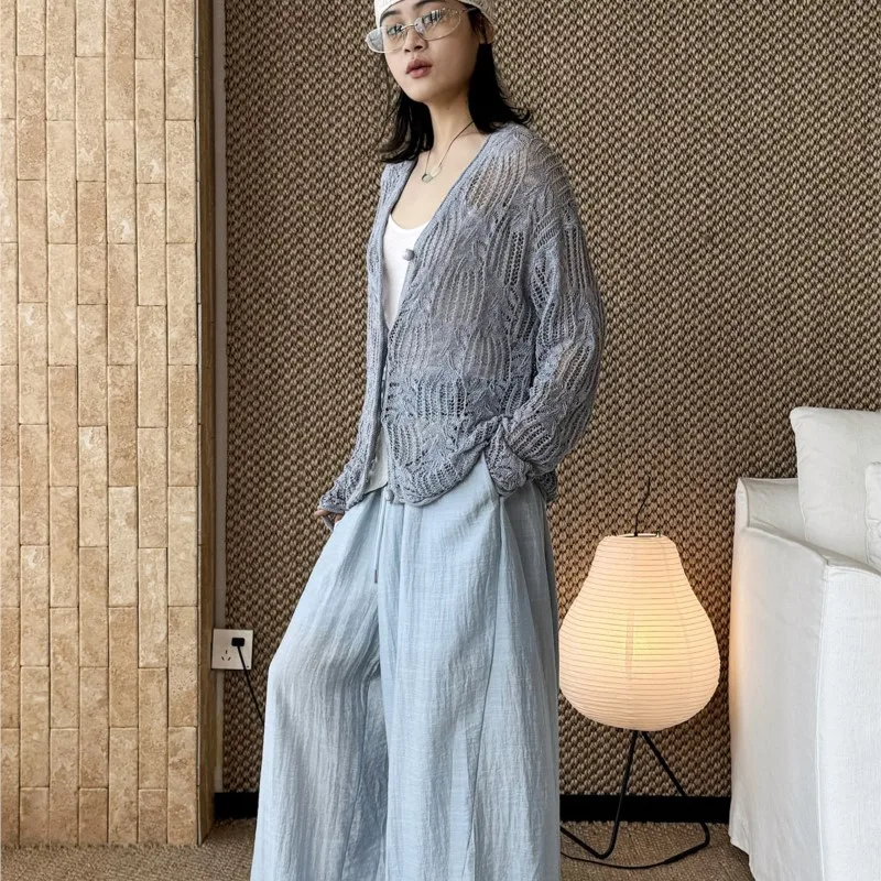 Johnature Korean Retro Fashionable Hollow-out Knitted Top New Summer Loose V-neck Sun-protection Versatile Top Women