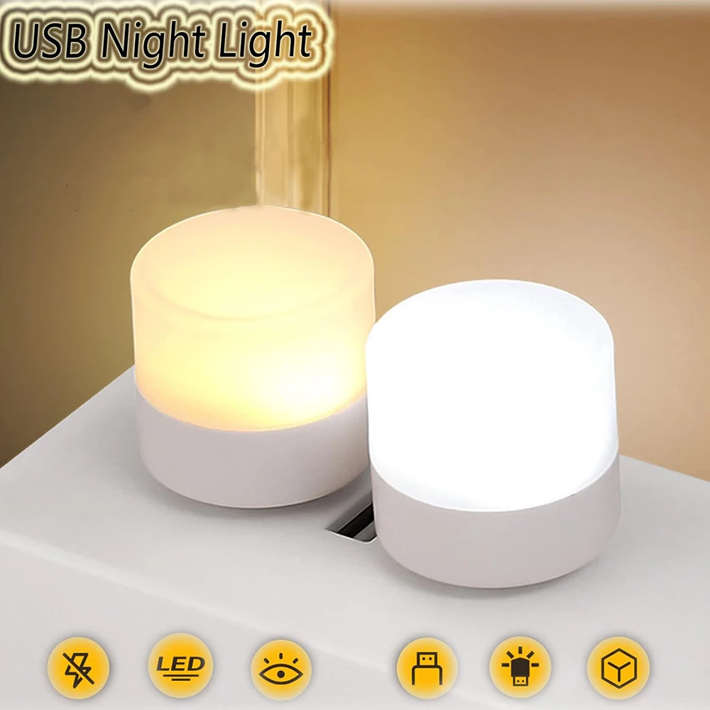 

1-10PCS Portable Mini Night Lights Colorful USB Plug Lamp Power Bank Charging LED Book Light Round Reading Eye Protection Lamp