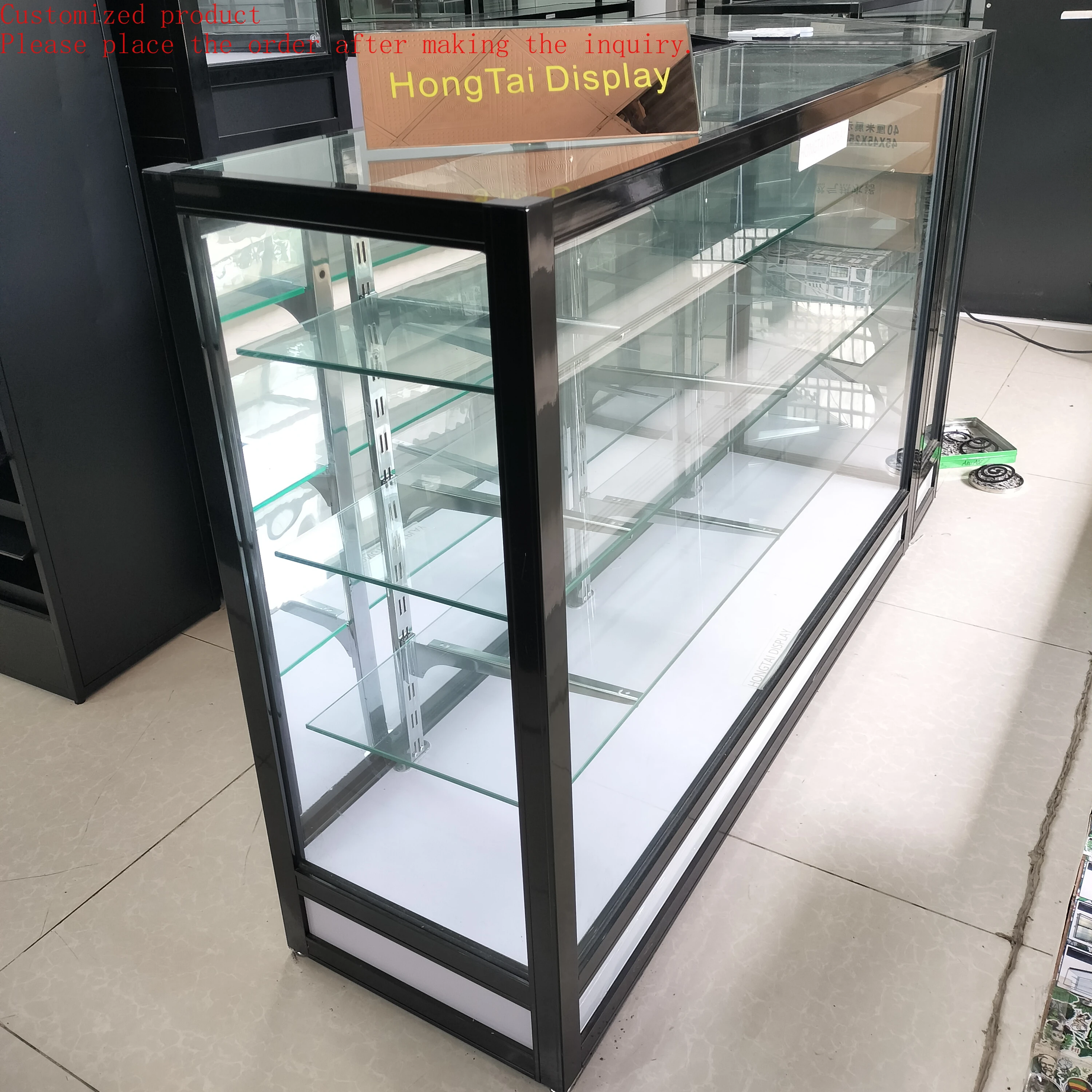 

Custom.Adjust Shelf Glass Mirror Sliding Door Shopping Mall Display Smoke Shop Display Hot Sale Black Aluminum Smoke Shop Displ