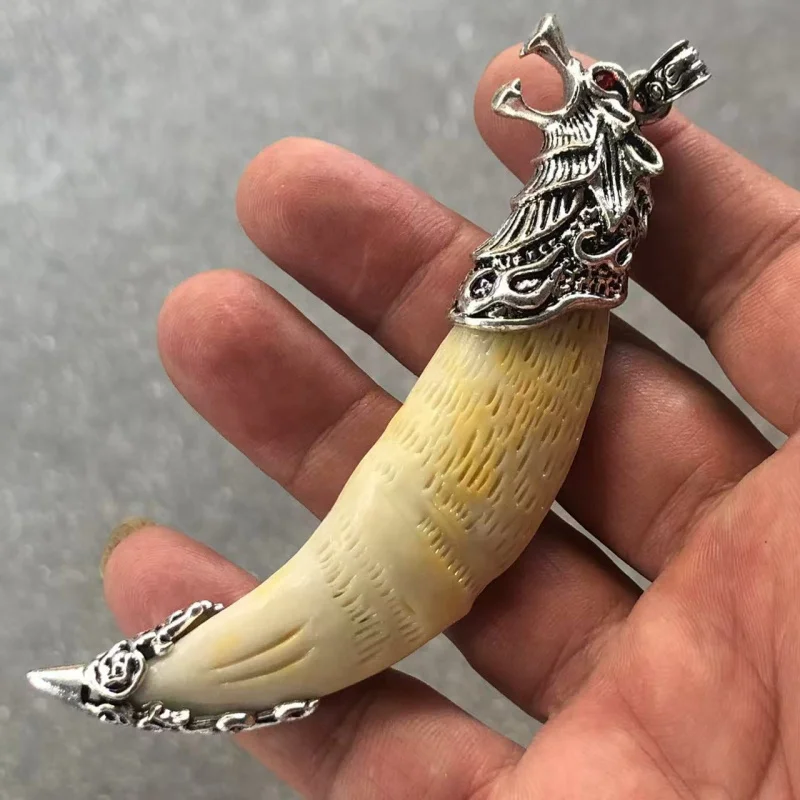 Miscellaneous Tibetan Silver Inlaid Resin Wild Boar Tooth Pendant Jewelry Handheld Piece Hanging Ornament Accessory