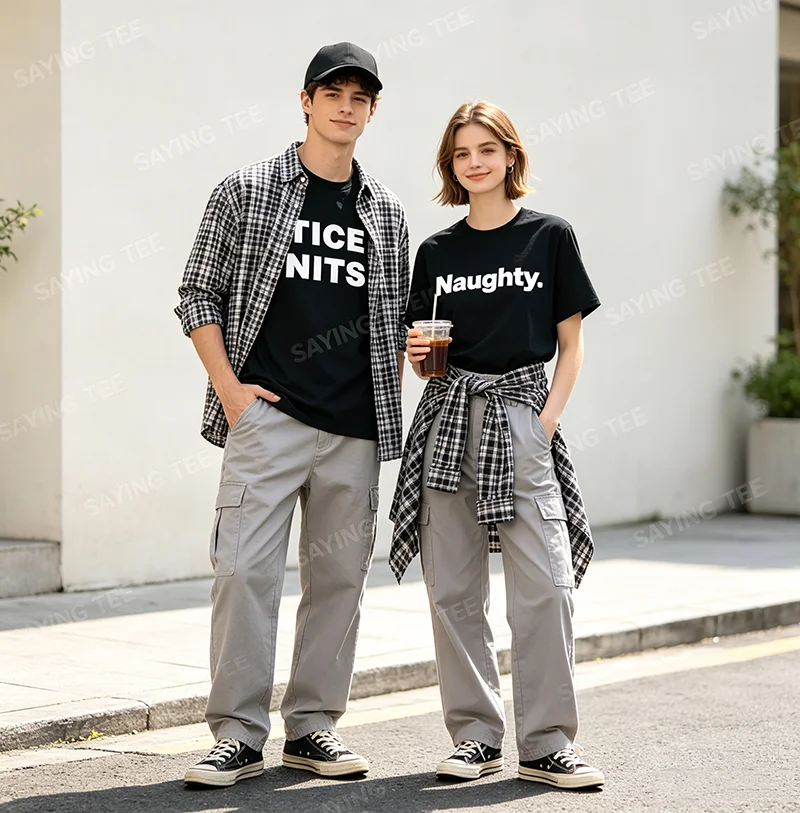Naughty Pun TICE Nits T-Shirt, Y2k mit dem Aufdruck „Naughty“ und lustigen grafischen Buchstaben, Humorvolles Kurzarm-Shirt aus weicher Baumwolle – Detail 5