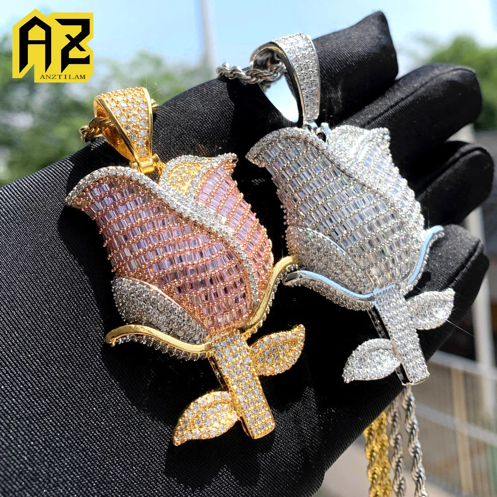 

Anztilam Buguettes Zircon Rose Iced Out кулон ожерелье с веревочной цепочкой ожерелья для женщин мужчин латунь циркон хип-хоп ювелирные изделия
