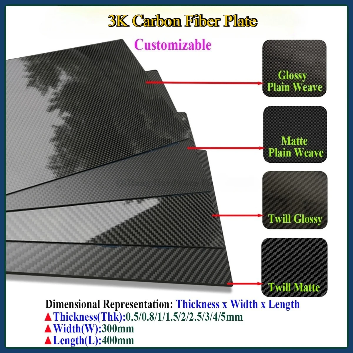 

3K Carbon Fiber Plate Sheet High Strength CFRP Panel for Automotive Parts Thickness0.5/1.0/1.5/2/2.5/3/4/5/6mm 300x400mm