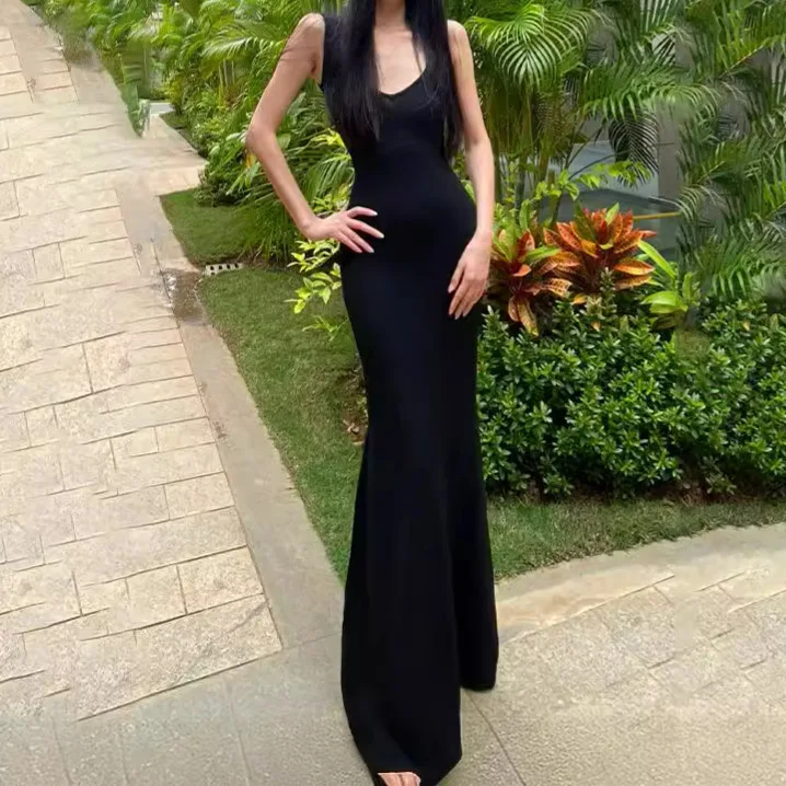 7564 Thai Style Water Drop Square Neck Slimming Off-Shoulder Sleeveless Waist-Cinching Bodycon Mermaid Tank Long Dress Summer