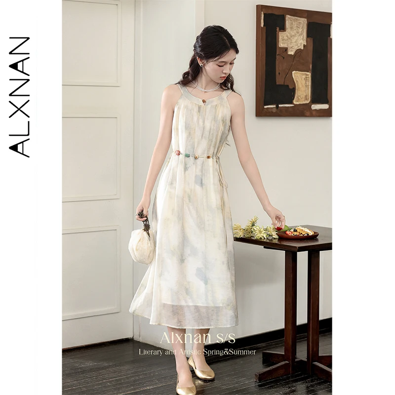 Alxnan vestido feminino sem mangas longo verde mancha frisado cintoshe vestido 2025 verão férias praia elegante roupas femininas l38701