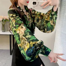 Vintage Bloemen Gedrukt Pendelen Dames Party Blouses Tops Lente Herfst Vrouwen Elegante Lantaarn Lange Mouwen Losse Button Up Shirt