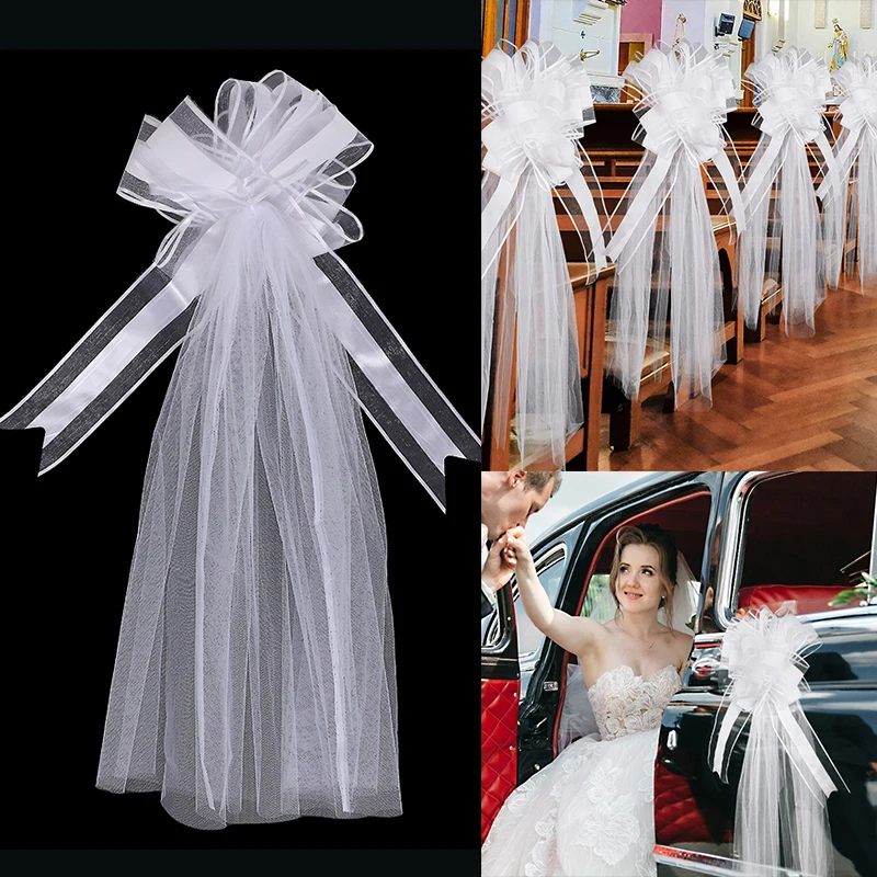 Large White Wedding Bows With Long Tulle Tails For Wedding Church Chair Aisle Decor Wedding Car Decoration Party Decoration