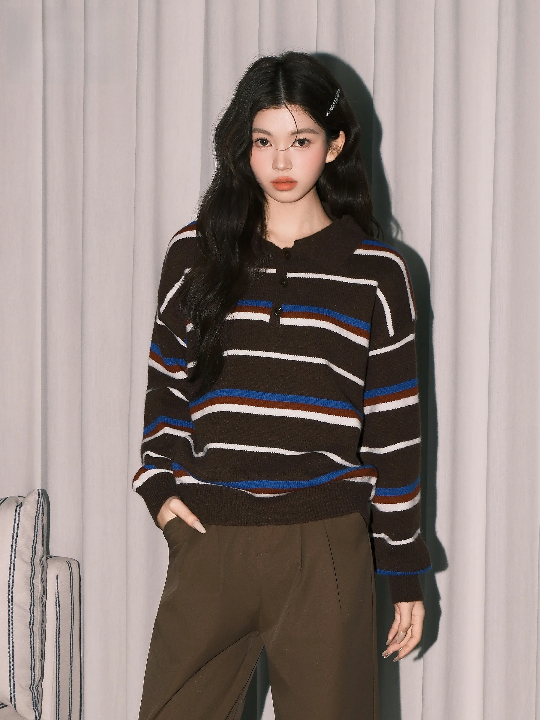 

Loose Long Sleeve Knitted Sweater Women's Casual Style Striped Design Turn-down Collar Comfortable Fit Autumn Winter New Arrival
