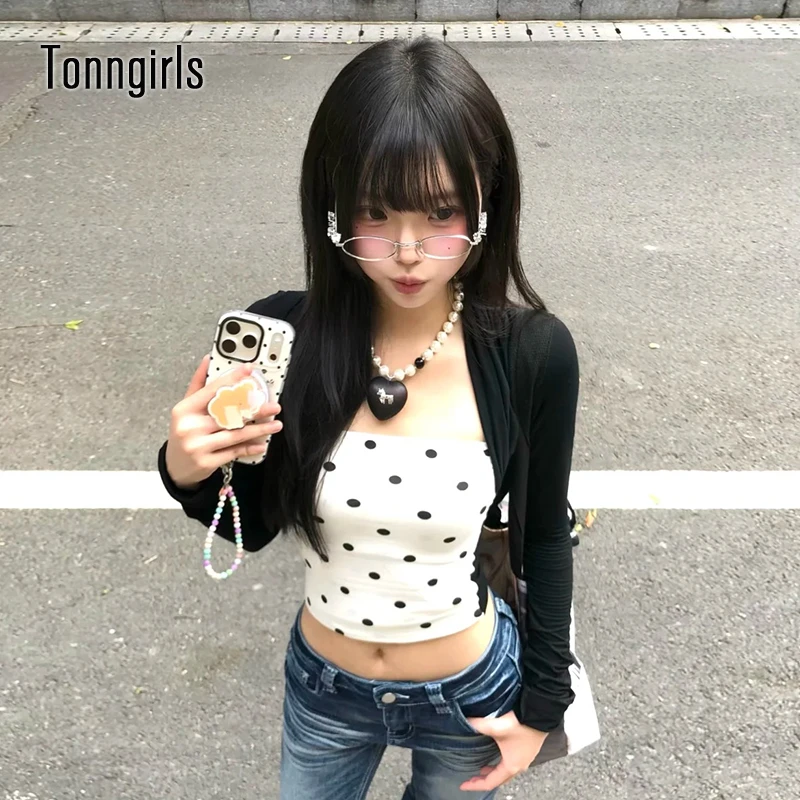 

Tonngirls Korean Style T-shirt Women Polka Dot Patchwork Crop Tops Y2k Fairycore Tshirts Japanese 2000s Streetwear Tee Tops
