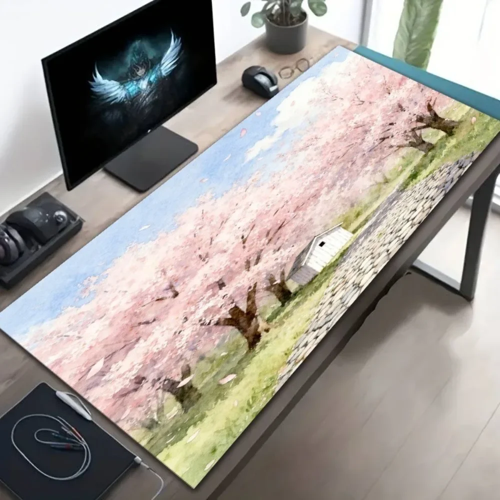Single-piece large cherry blossom-themed game desktop pad - non-slip rubber sole super large diatomaceous earth mouse pad