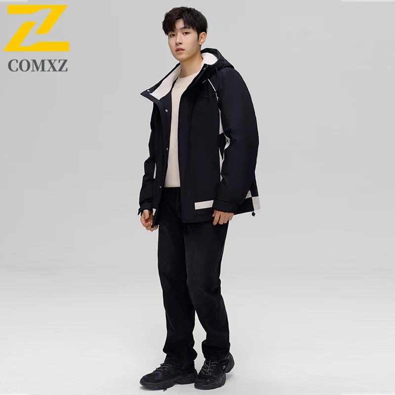 COMXZ Winter Short Down Jacket Men Outdoor Mountaineering Thickened Warm Puffer Coat Classic Hooded Daily Wear Windproof Parka