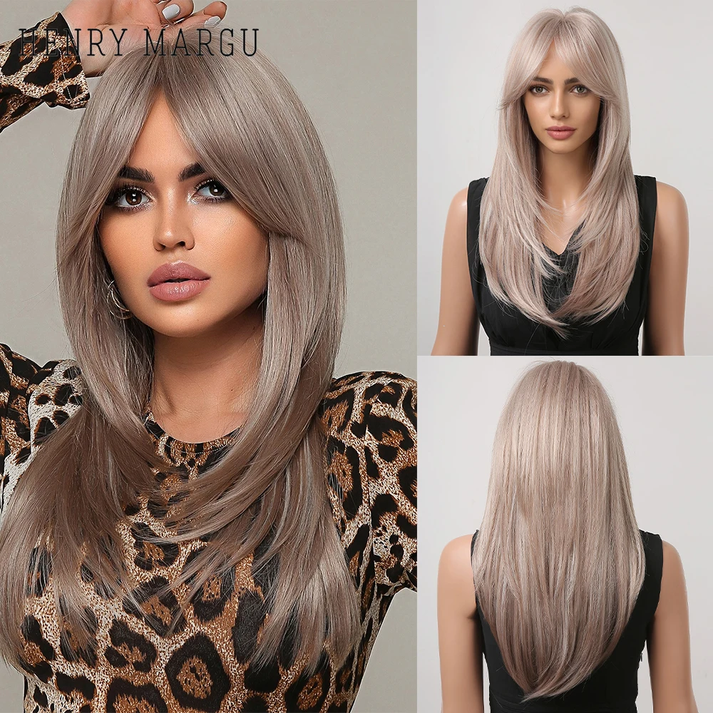 

HENRY MARGU Brown Gray White Synthetic Hair Wigs for Women Long Straight Grey Wigs With Bangs Daily Cosplay Natural Layered Wigs