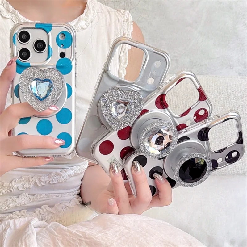 

Color Polka Dot Plating Magnetic Phone Case For iPhone 17 Pro 14 15 16 Pro Max Back Cover with Diamond Love Stand Cute Cases Fun