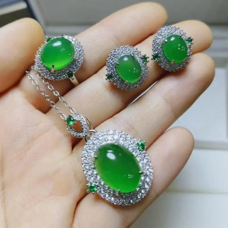 

High Ice Grade A Green Jade Jewelry Set Inlaid With Emerald Zircon Luxury Jadeite Necklace Earrings Rings Jwellery Sets Women