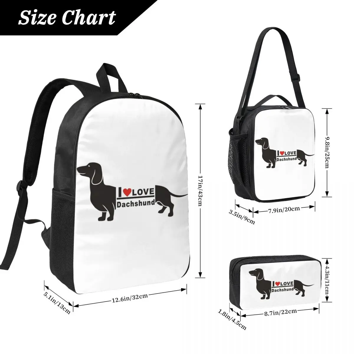 Dachshund Dog Photo Portrait Popart I Love Backpack Student Boys Girls BookBag School Bag 3ps Insulated Lunch Bag Pencil Case