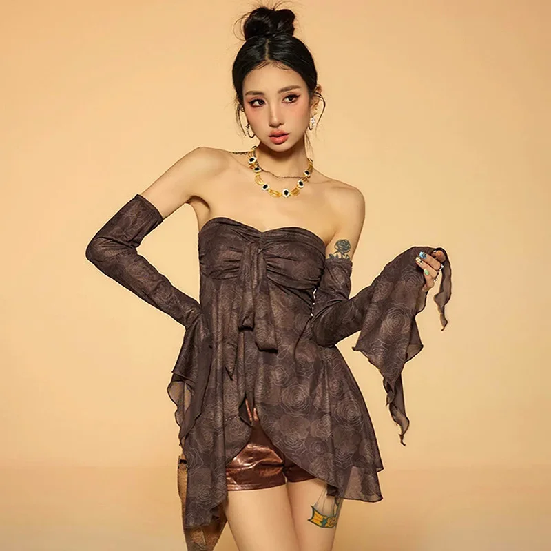 American fashion irregular gauze printing design can be removed sleeve chest top women's summer new style