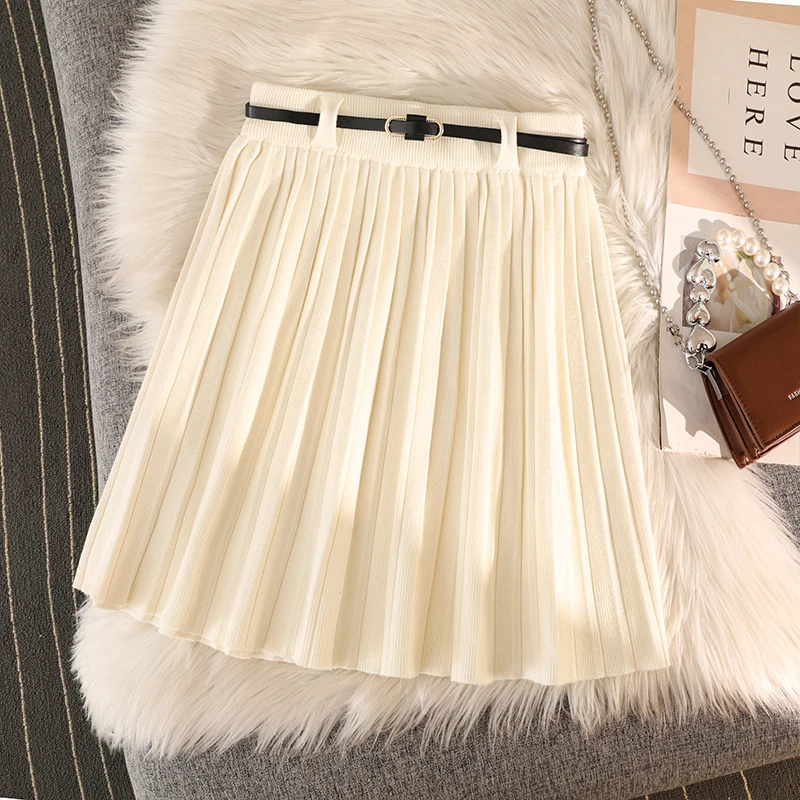 

Solid Elegant Holiday Knitted Mini Skirt Women 2025 Fall Winter Thick Warm A E High Waist Pleated Short Skirts Ladies Casual