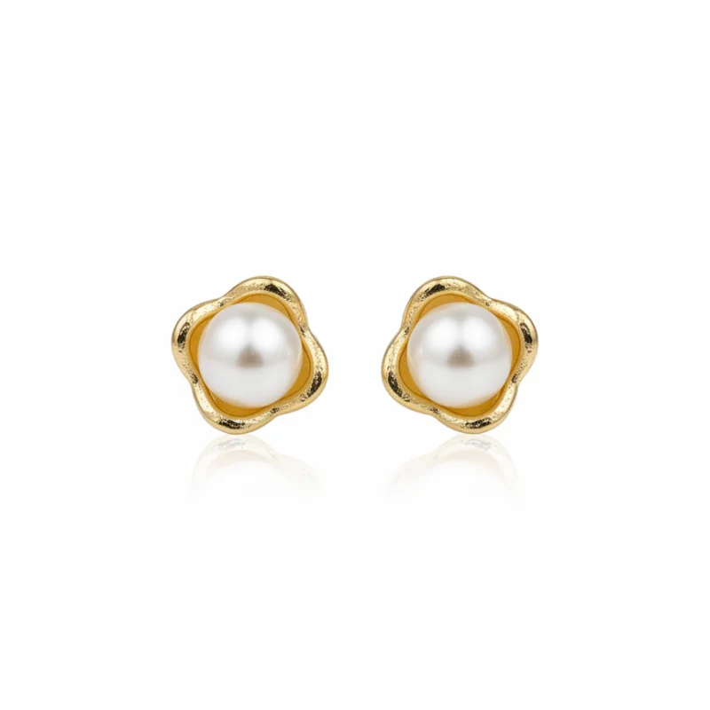 

MURMUR Classic Pearl Stud Earrings Vintage Gold Tone Floral Frame Elegant Daily Jewelry