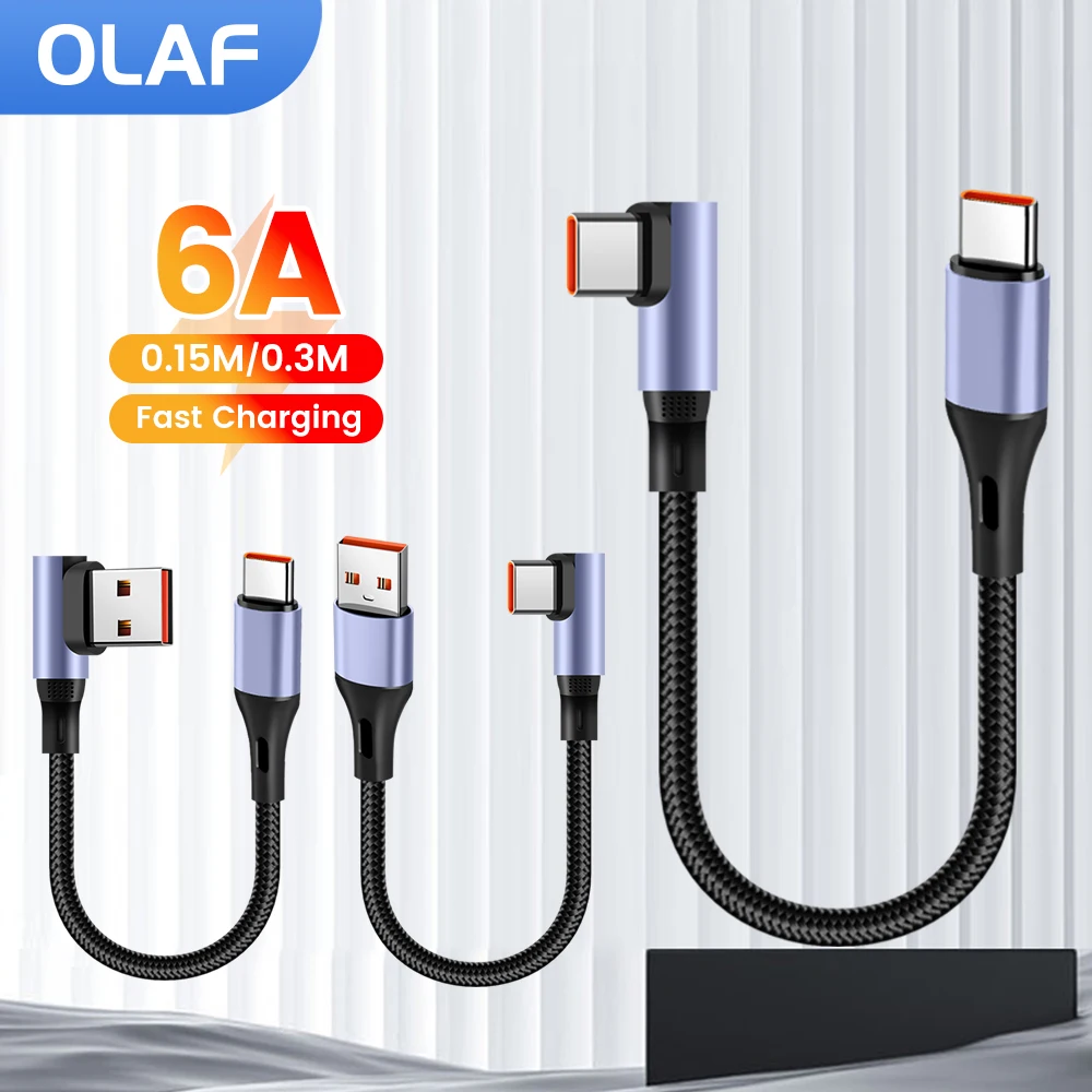 

6A 0.15 0.3M Short Cable 90 Degree Elbow USB Type C to Type C Cable Fast Charging Data Cord For iPhone 15 16 Sumsung Power Bank