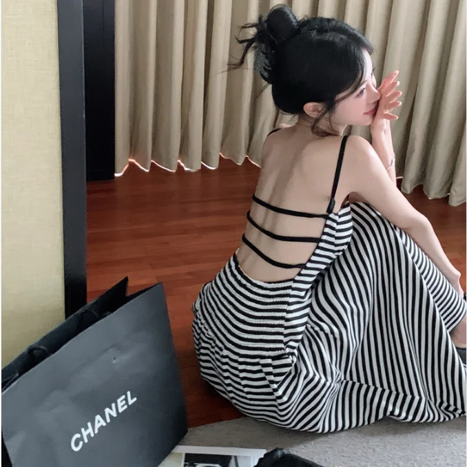 

Dress 2024 New Sexy Women White Black Striped Backless Beach Summer Elegant Retro Chic Slim Casual Vacation Slip Y2K Long Dress