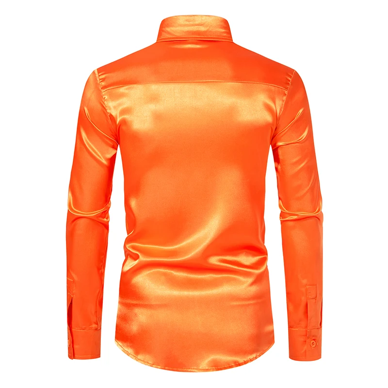 Orange Mens Silk Satin Shirt 70s Disco Dance Nightclub Dress Shirts Men Party Wedding Long Sleeve Casual Shirt Chemise Homme 2XL