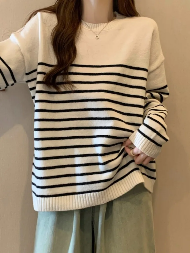 

Модный женский вязаный свитер больших размеров в полоску, базовый топ для ношения под одеждой, утягивающий, для повседневной носки, с длинным рукавом, стандартный крой