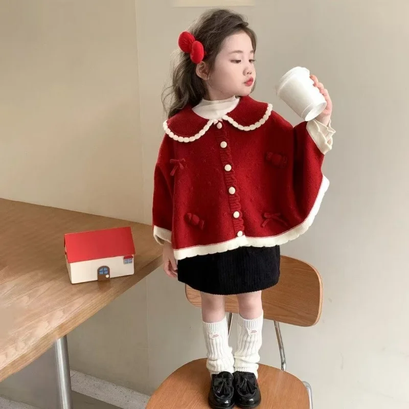 

Spring Autumn Long Sve Doll Collar Knitted Cardigan for Girls Casual Sle Thiened Cotton Batwing Sve Warm Outerwear