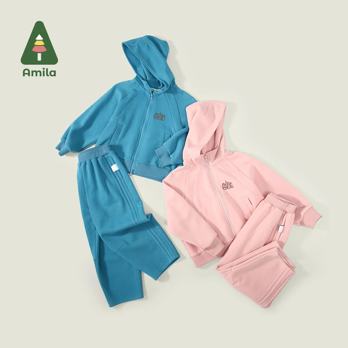 Amila Children‘S Pants Suit 2024 Autumn New Girls Short Sweater Comfortable Banana Pants Double-Head Zipper Casual Soft Clothing