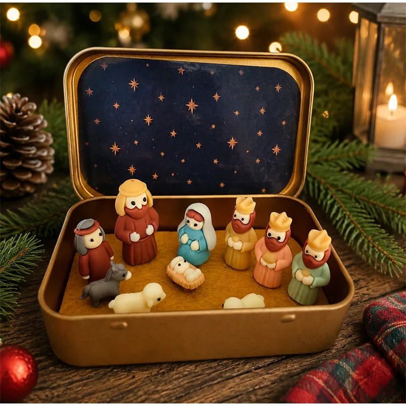 Christmas Nativity Scene Decor Resin Tabletop Holy Family Figures Gift with Box Stable Set for Home Shelves & Desktop Display