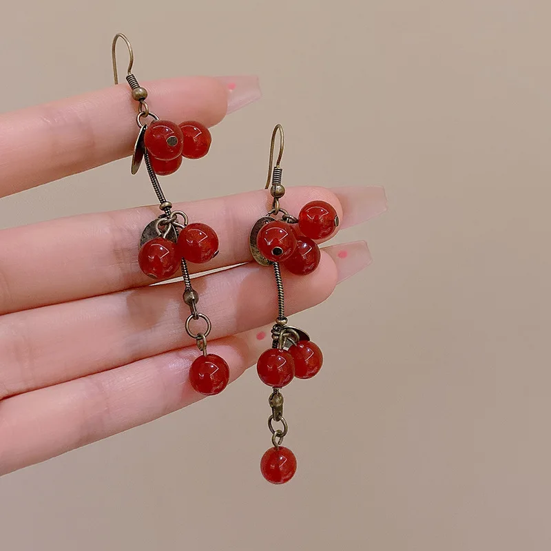 Vintage Fruit Long Tassel Earrings for Women Korean Retro Boho Red Berry Dangle Drop Earrings Wedding Party Fashion Jewelry Gift