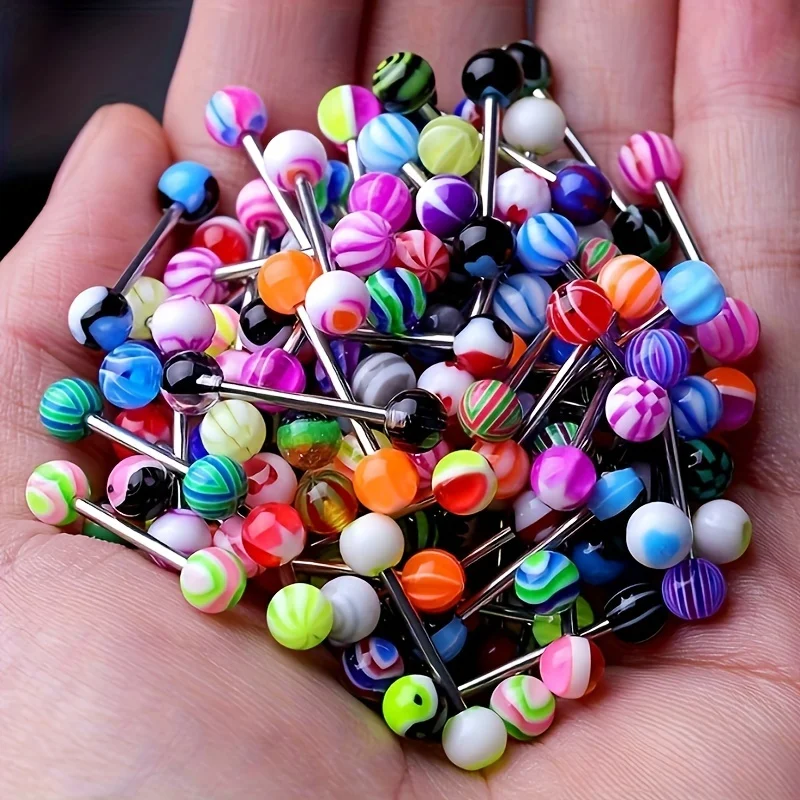 30pcs Colorful Acrylic Ball Tongue Ring Piercing Barbell Stud Nipple Ring Ear Cartilage Tragus Stainless Steel Bar For Women Men