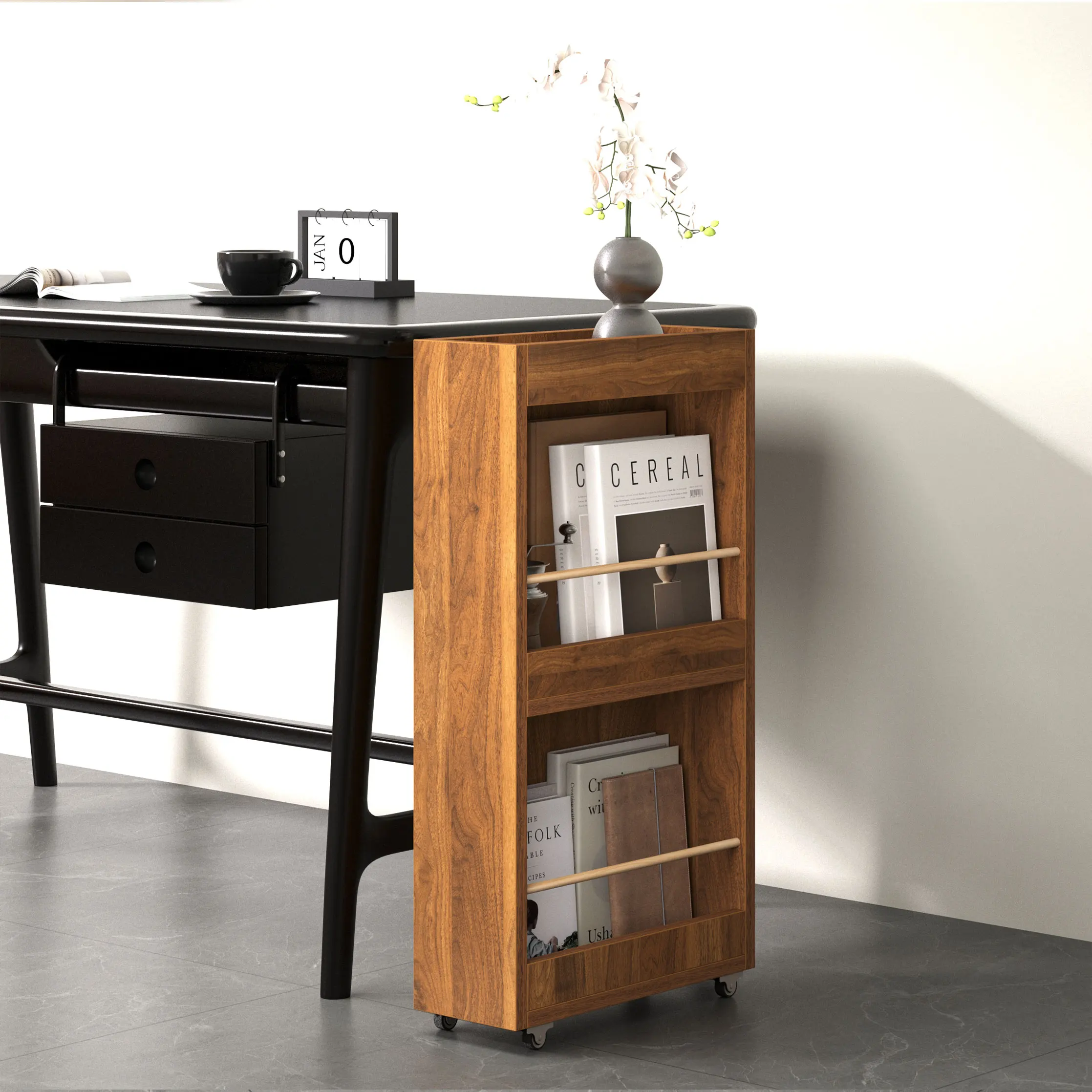 

Mobile bookshelf with wheels Floor-to-ceiling bookcase Narrow walnut living room sofa crevice storage Small side bedside table
