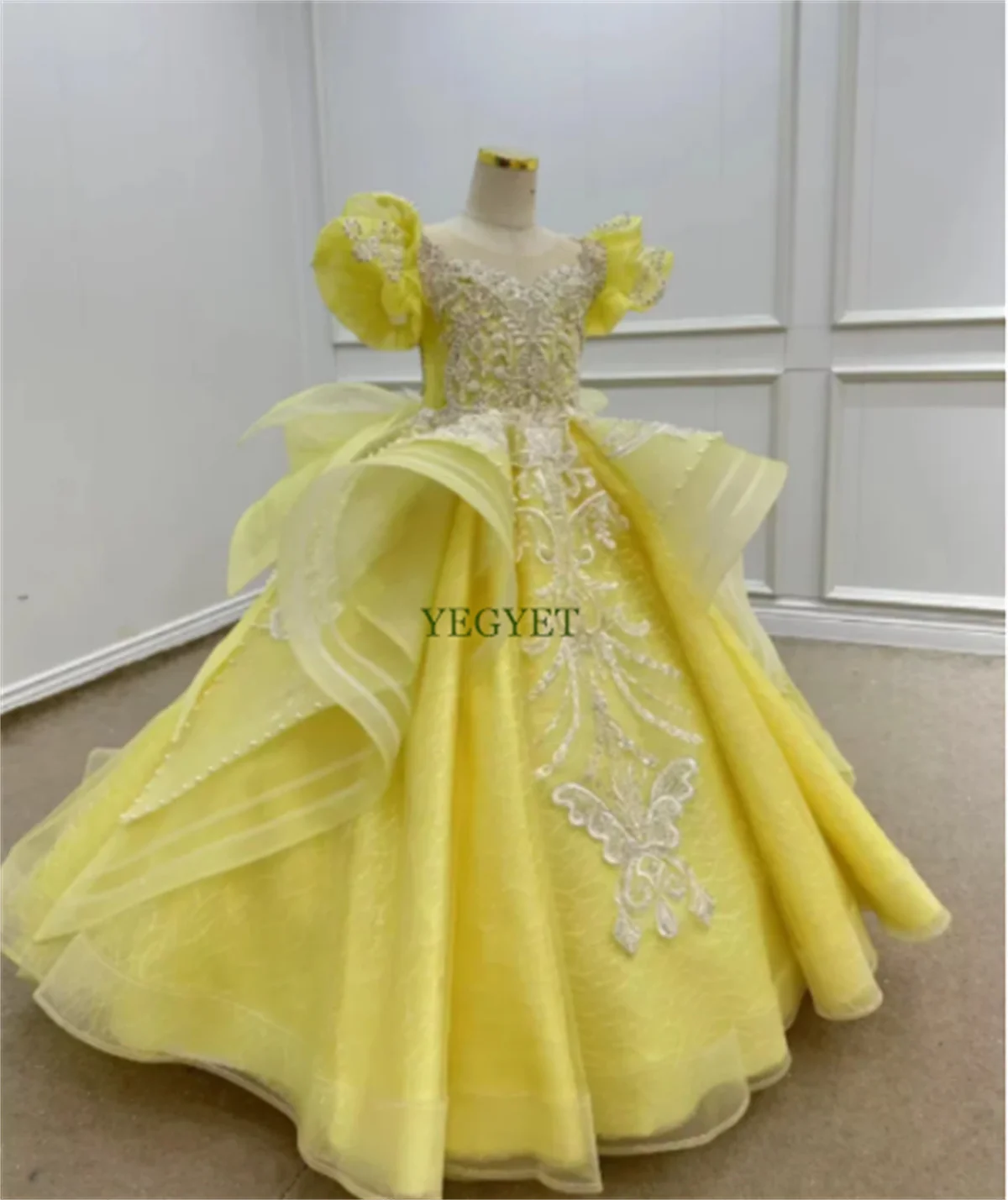 New Custom Gorgeous Yellow Pearl Little Princess Dress Glitter Aulic Banquet Party Flower Girls Dress with Beaded Embroidery