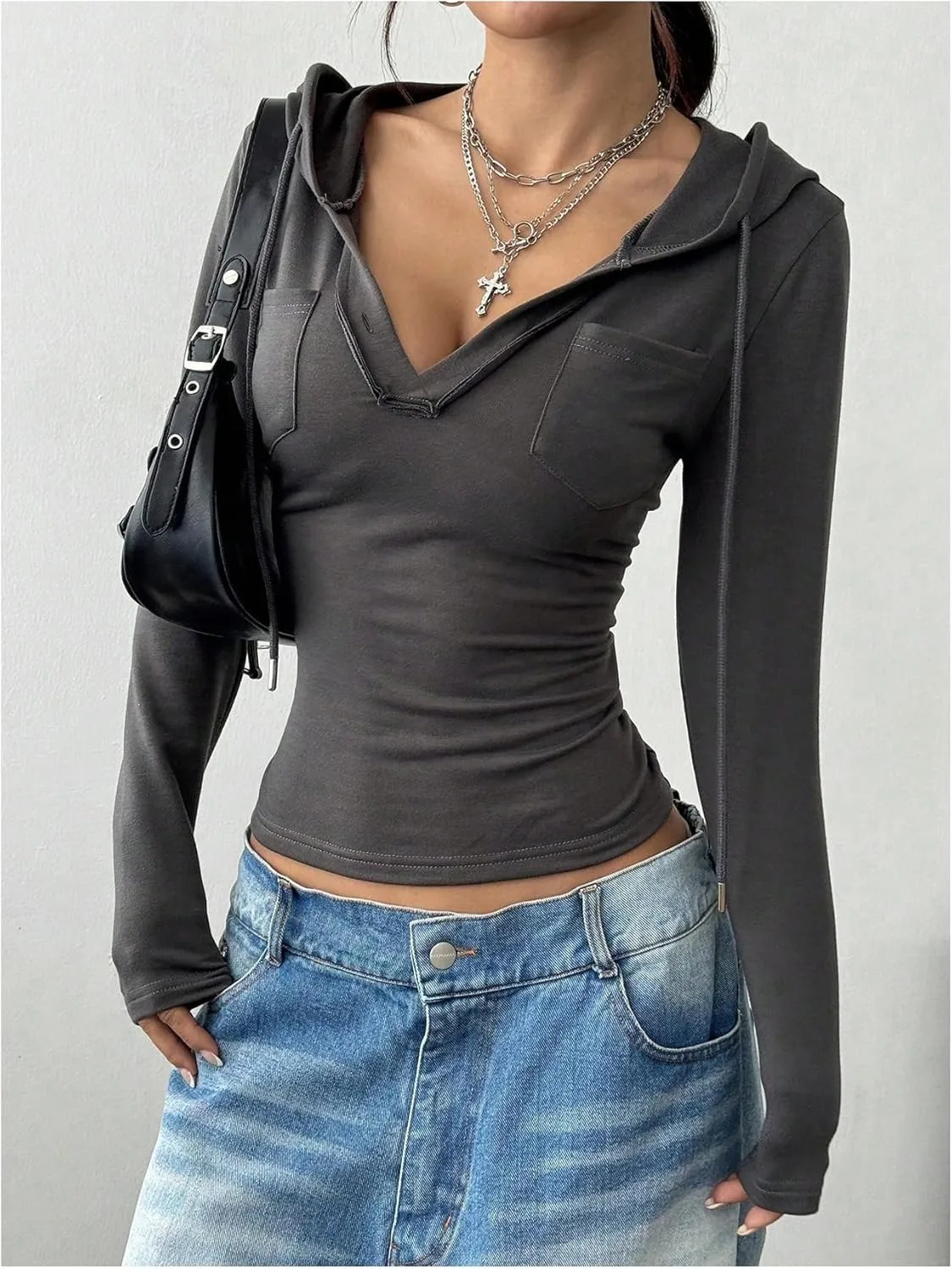 

Women's Spring Summer Hooded T-Shirt Long Sleeve V Neck Solid Color Slim Party Tops