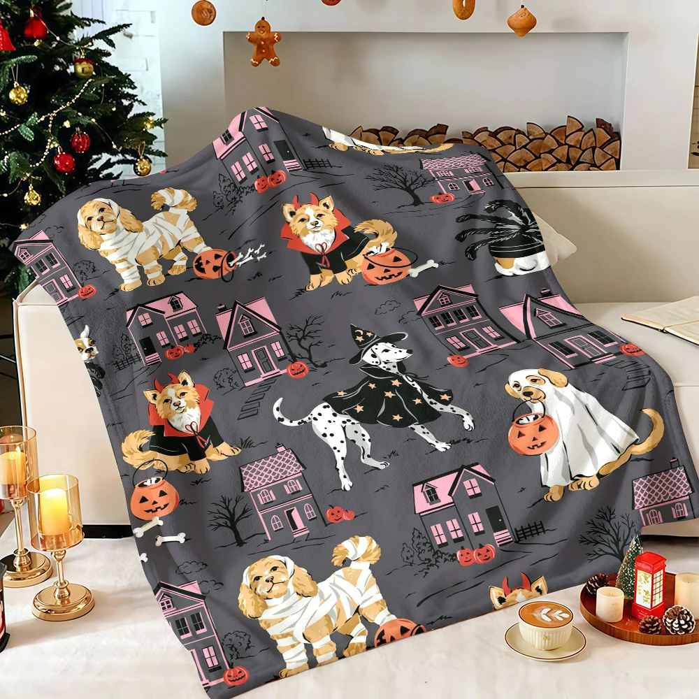 Halloween Costume Dogs Pumpkin House Flannel Blanket Soft Fuzzy Plush Cozy Throw for Sofa Bed Couch Home Decor