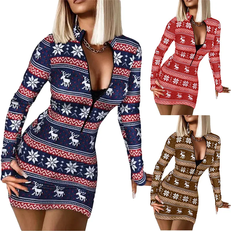 Christmas Style V Leader Zipper Long Sleeved Christmas Dress Christmas Women's Clothing