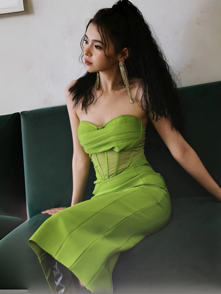 Vestido de fiesta de noche elegante, corsé recto verde aguacate, vestidos de cóctel con escote corazón, sin tirantes, hasta la rodilla