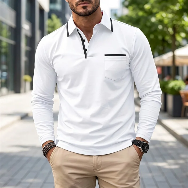 

New men's long-sleeved polo shirt, stylish outdoor street style men's top, with pocket design, casual and fashionable T-shirt.