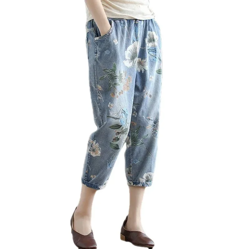 Vintage Fashion Floral Loose Oversized High Waist Straight Women's Clothing Elastic Spliced Pocket 2023 Summer New Cropped Jeans