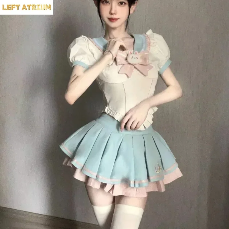 

Blue lovers sweetheart Bunny Bow Sailor Collar Shirt Top Mini Tutu Skirt Japanese Style Sexy Lolita Outfits S-8XL SH2025