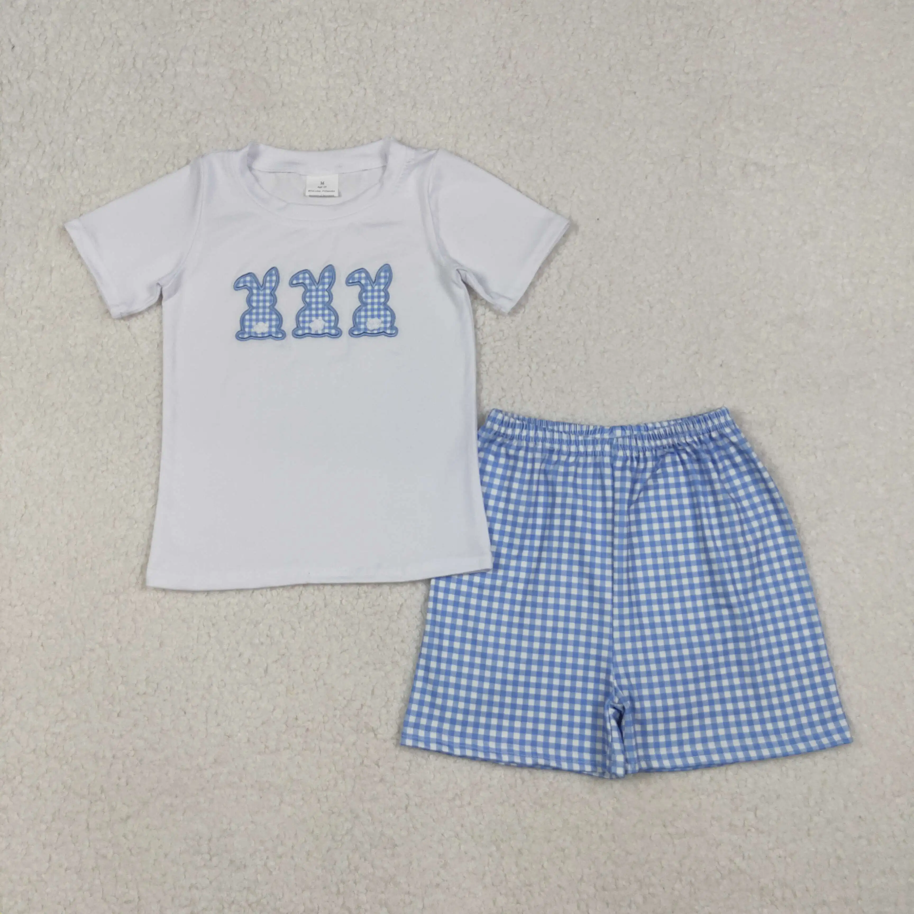

Light Blue Embroidered Rabbit Baby Boys Easter Outfit Set with Checkered Shorts And Short Sleeve Bunny Top Boys Plaid Clothing