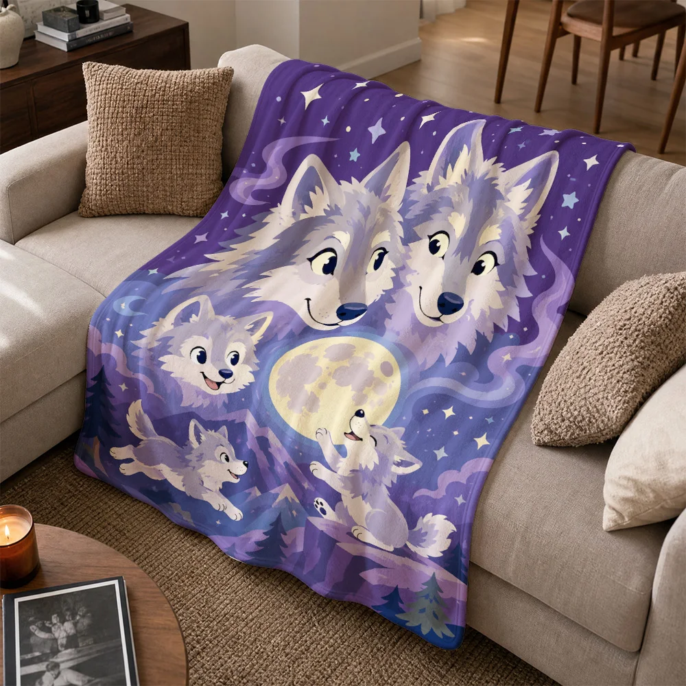 Decorative Wolf Moon Night Throw Blanket Fuzzy Cozy Gift for Couch Sofa Seating Area Autumn Winter Friends Couple Decor