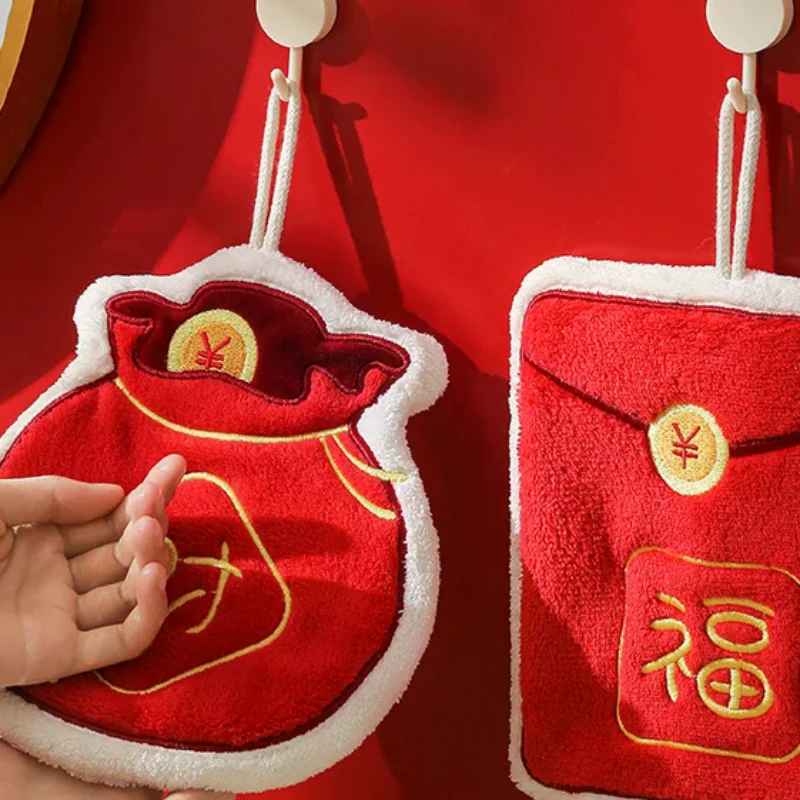 Chinese New Year Red Envelope Shape Hand Towel With Hanging Loop Soft Absorbent Coral Towels Quick Dry For Kitchen Bathroom