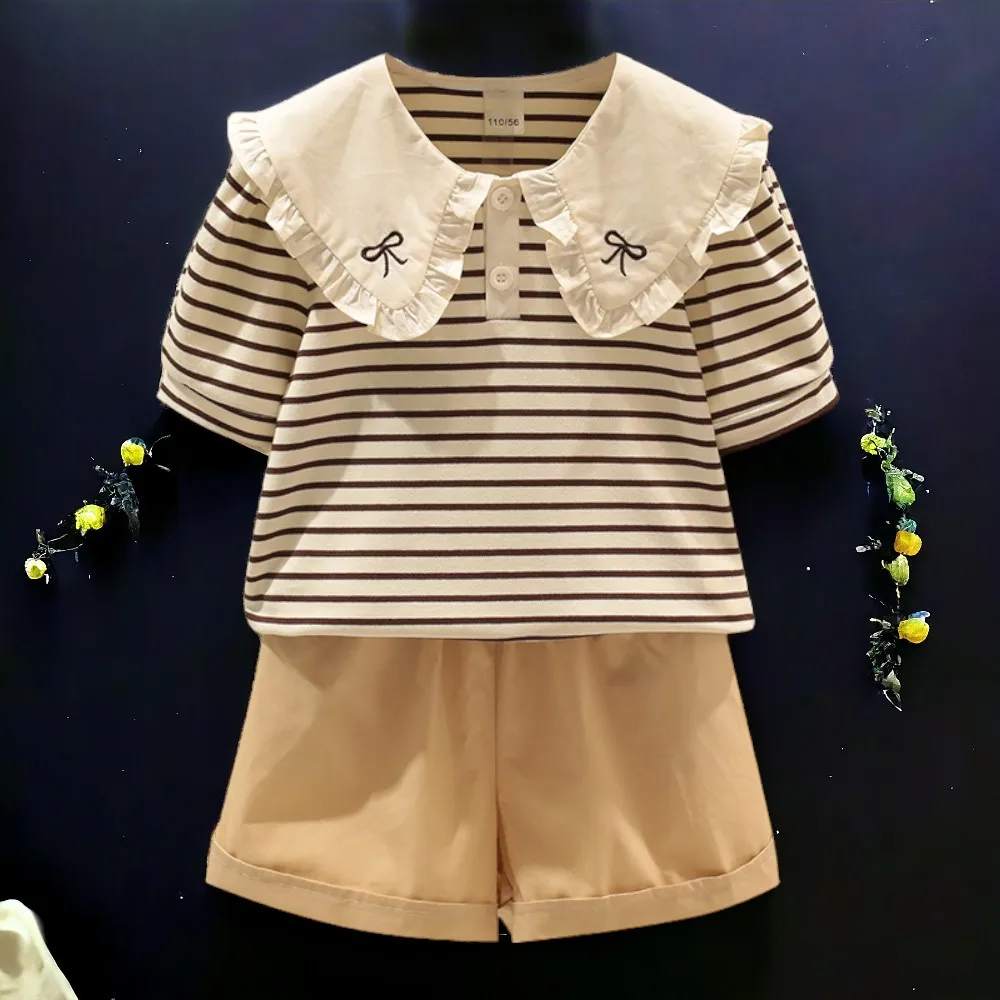 

Summer Girls Tracksuit Outfits Set School Uniform Teens Cotton Stripe Shirt & Shorts Suit Kids Baby Costumes 4 5 7 9 11 12 Years