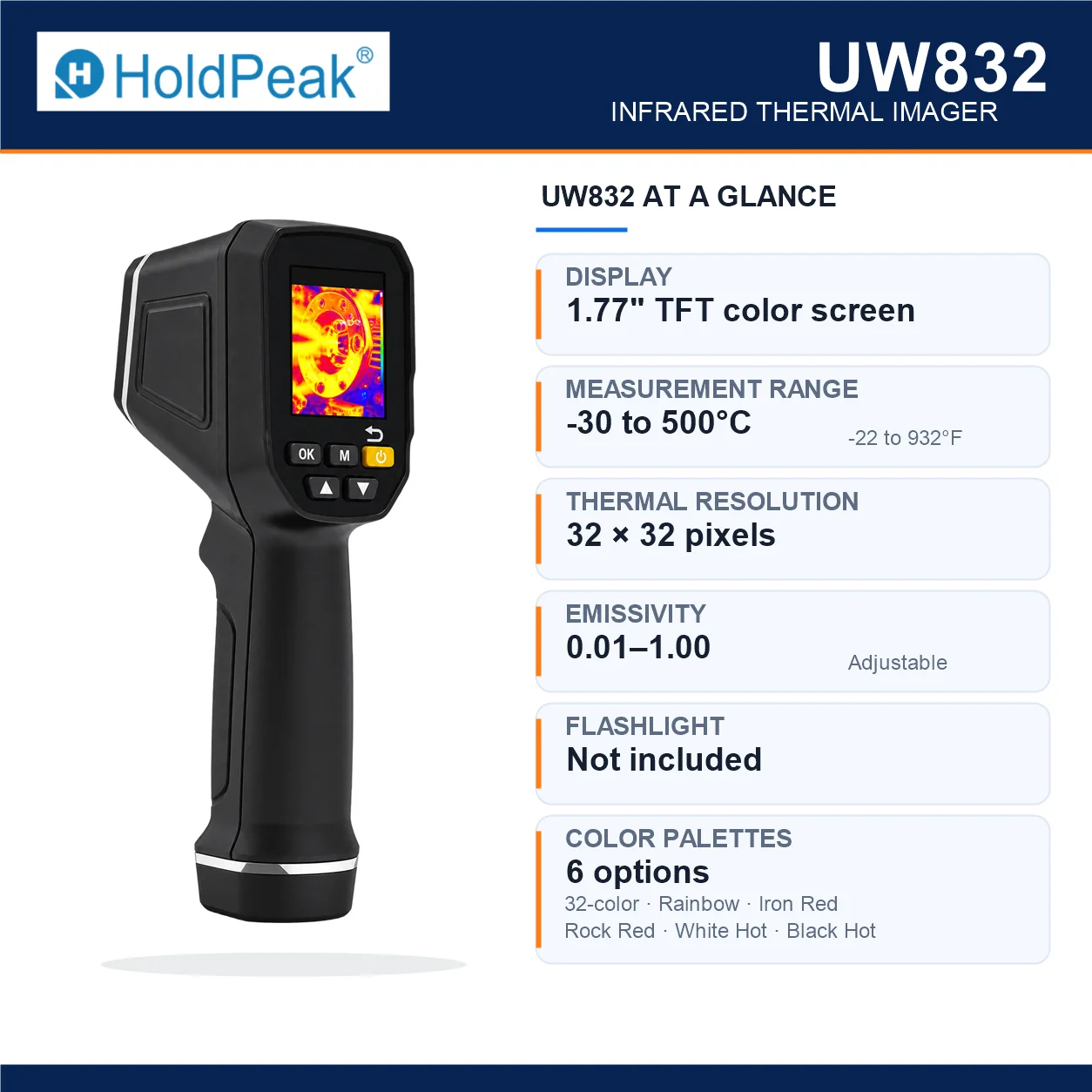 Thermal Camera IR Imager Handheld 32x32 -30°C to 500°C 8GB 6 Color Palettes Infrared Thermal Imaging Camera HVAC Electrical