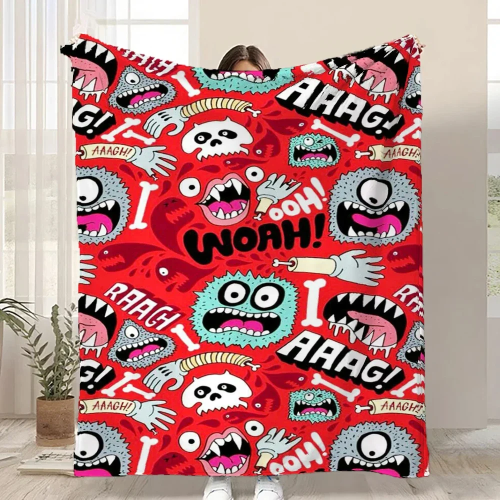 

Red Cartoon Monster Print Flannel Blanket Funny Graffiti Design Throw Blanket Soft Warm Cozy for Sofa Bed Kids Room All Season