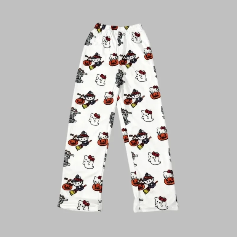 Hello Kitty Halloween Pajama Pants Women White Fleece Pumpkin Witch Print Sleepwear Warm Home Trousers Gift