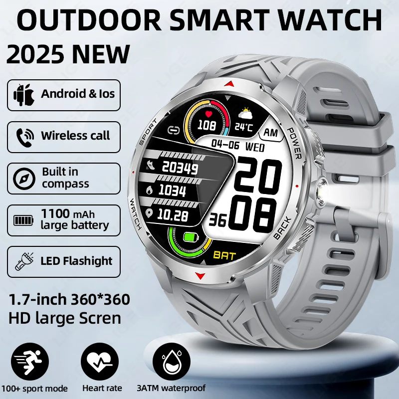 

LIGE Новые спортивные светодиодные фонарики на открытом воздухе Смарт-часы для мужчин 1100 мАч Аккумулятор большой емкости Компас Смарт-часы BT Call Мужские часы