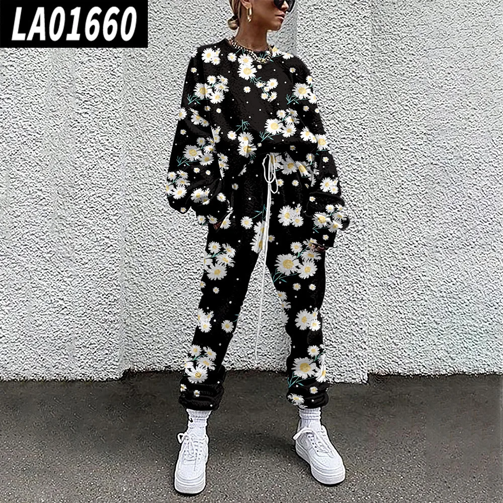 Fashion Woman Pullover And Pants Casual Jogger Suit Green Floral Print Tracksuit Long Sleeve Sweatshirt