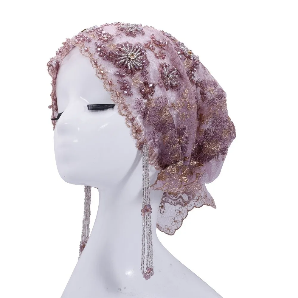 

Shiny Beads Turban Hat Flower Embroidery Long Tassel Fishtail Cap Pre-tied Sheer Mesh Indian Headscarf Ethnic Festival